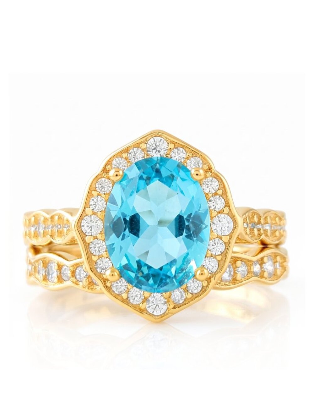 Gold and Aquamarine ring set, 925 Sterling Silver